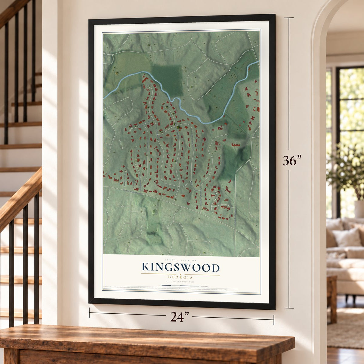 Kingswood, Georgia map, 24 x 36 inch print in a black frame by a staircase