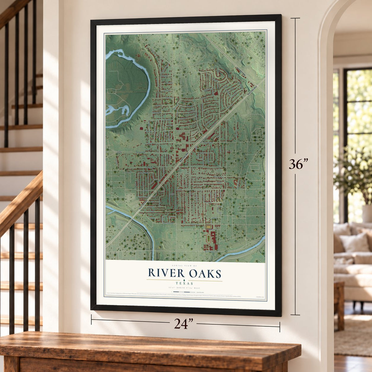 River Oaks, Texas map, 24 x 36 inch print in a black frame by a staircase