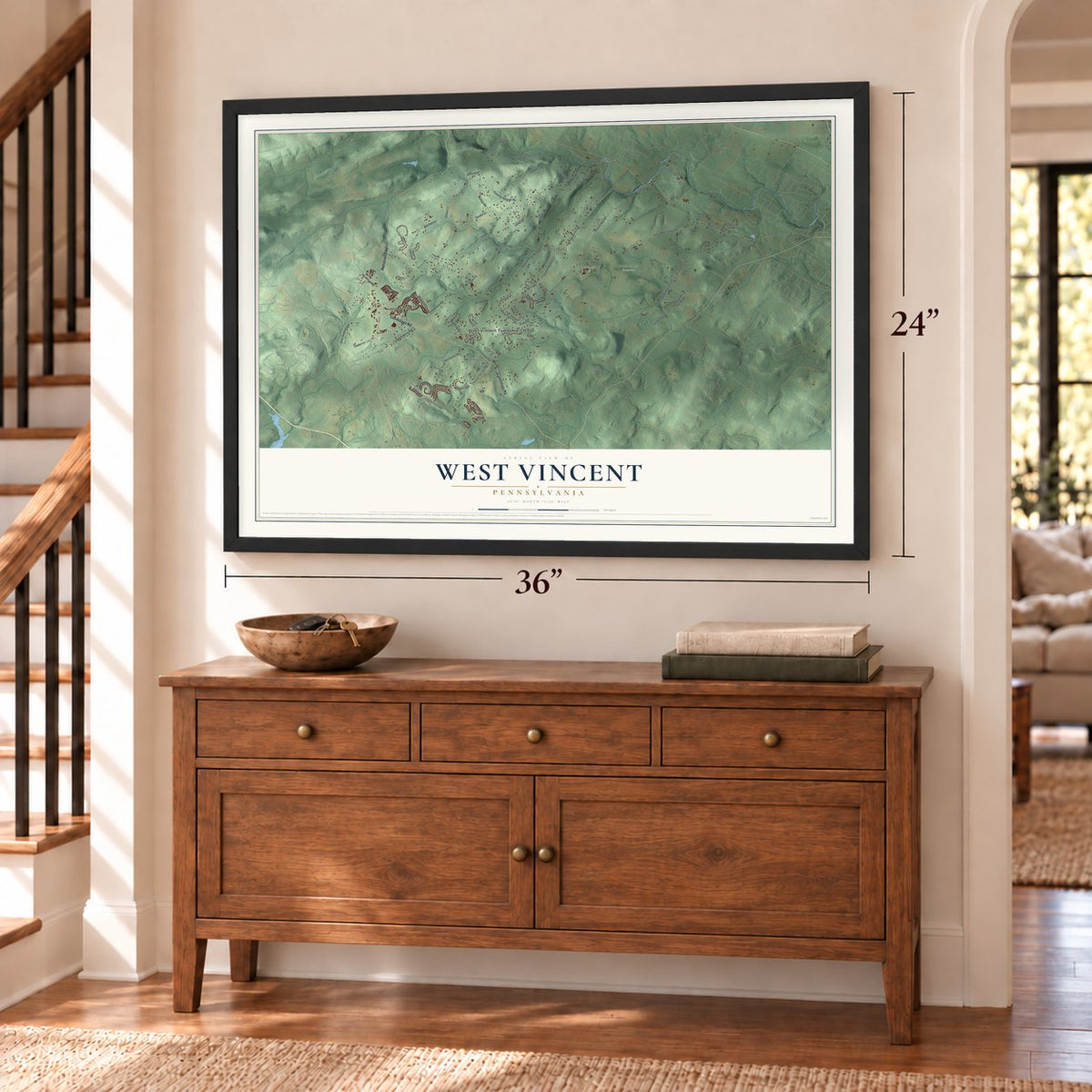 West Vincent, Pennsylvania map, 24 x 36 inch print in a black frame above a dresser by a staircase