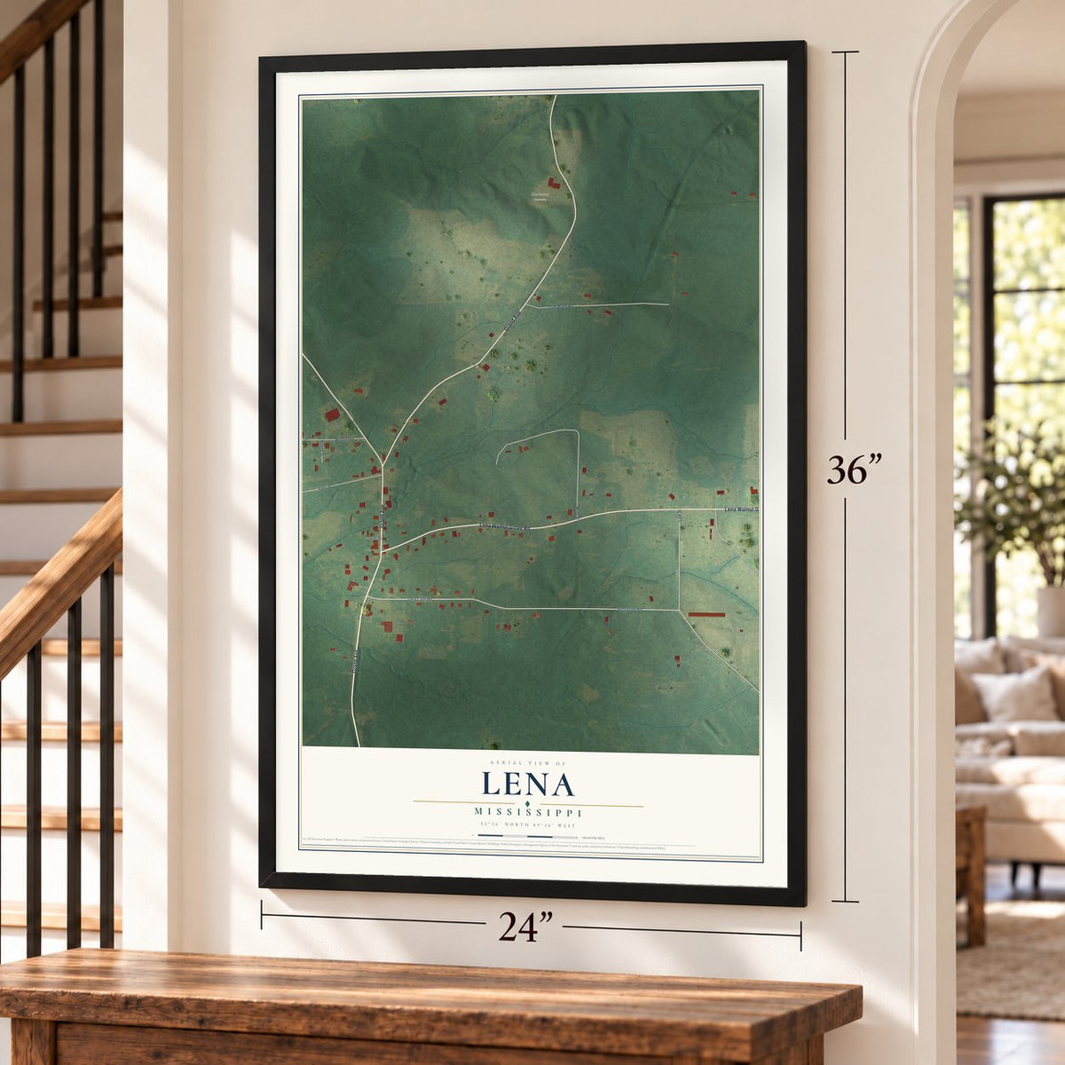 Lena, Mississippi map, 24 x 36 inch print in a black frame by a staircase