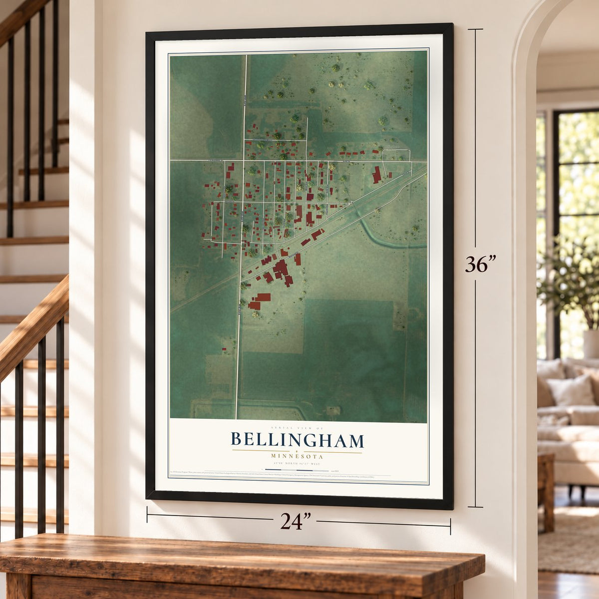Bellingham, Minnesota map, 24 x 36 inch print in a black frame by a staircase