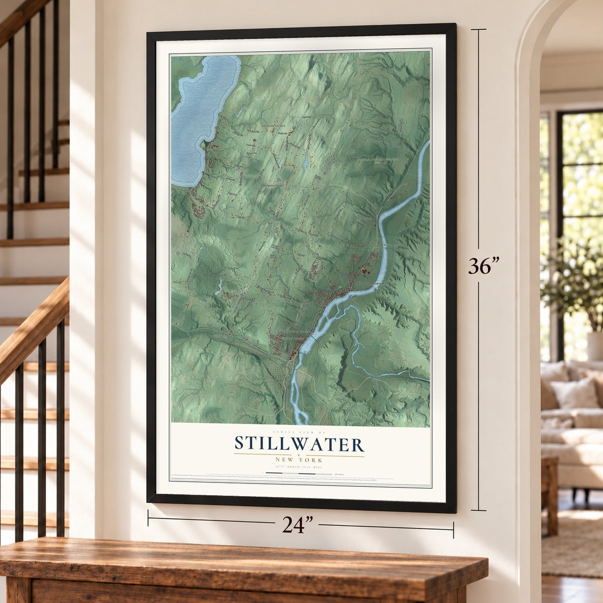 Stillwater, New York map, 24 x 36 inch print in a black frame by a staircase