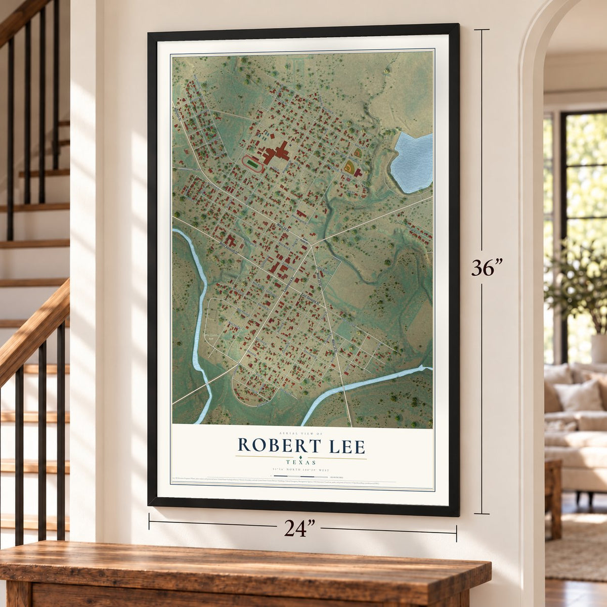Robert Lee, Texas map, 24 x 36 inch print in a black frame by a staircase