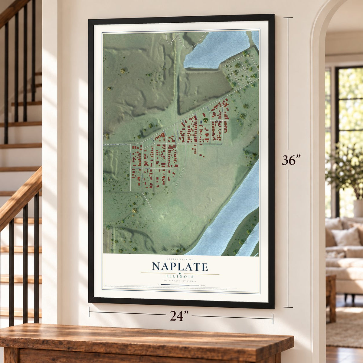 Naplate, Illinois map, 24 x 36 inch print in a black frame by a staircase