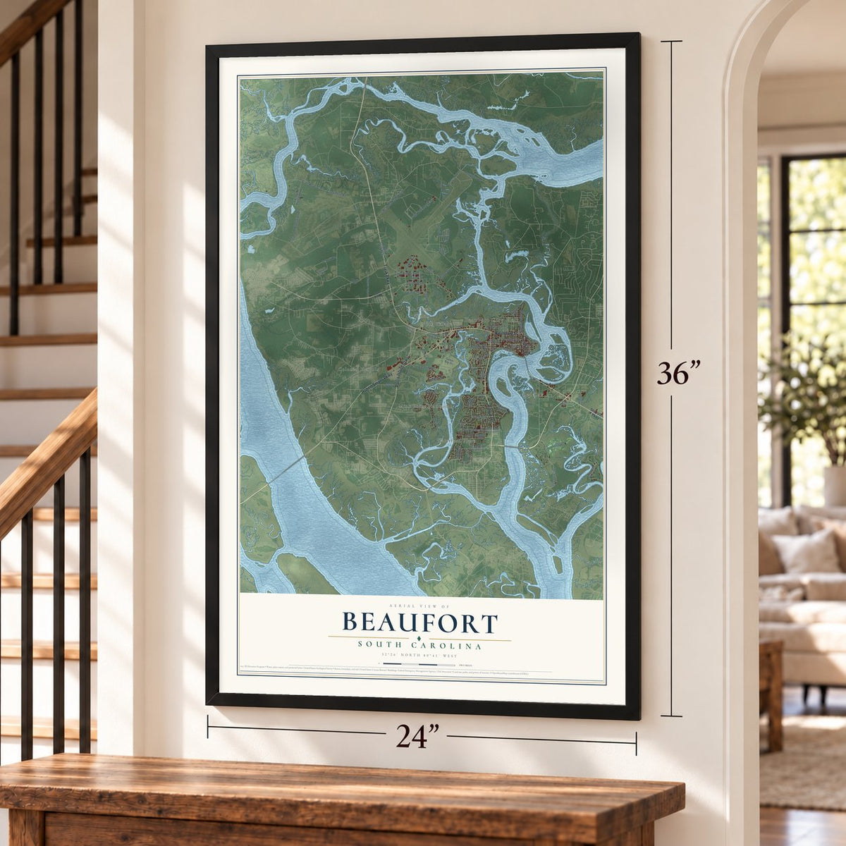 Beaufort, South Carolina map, 24 x 36 inch print in a black frame by a staircase