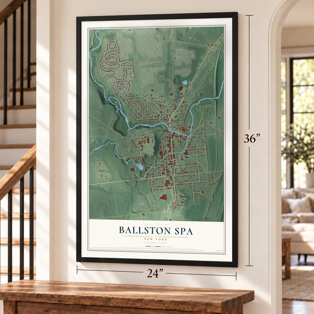 Ballston Spa, New York map, 24 x 36 inch print in a black frame by a staircase