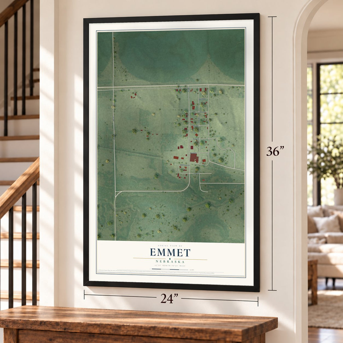 Emmet, Nebraska map, 24 x 36 inch print in a black frame by a staircase
