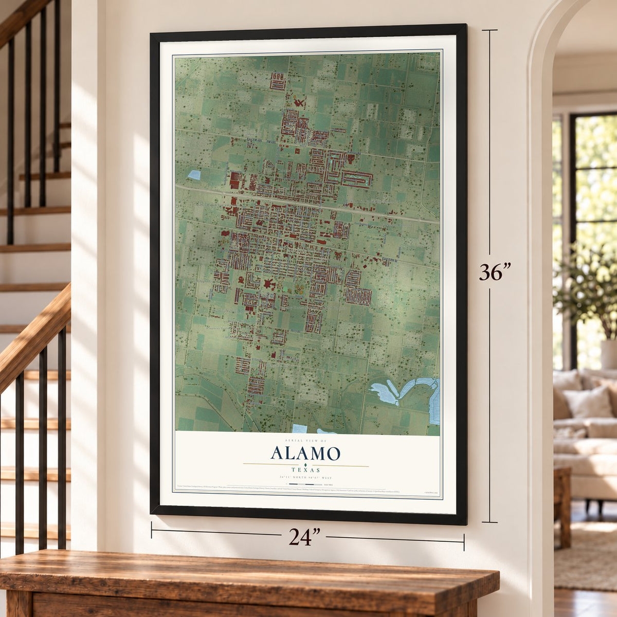 Alamo, Texas map, 24 x 36 inch print in a black frame by a staircase