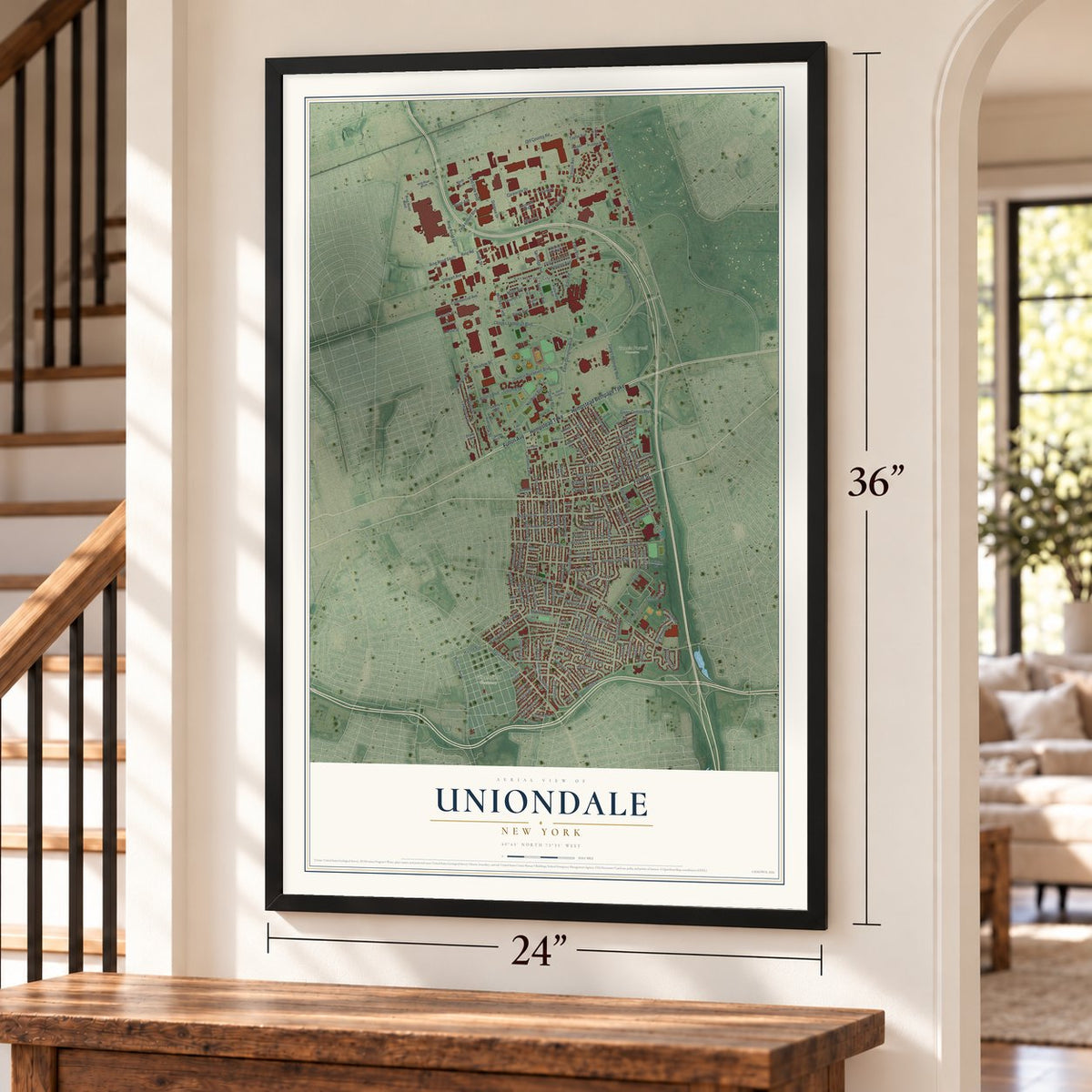 Uniondale, New York map, 24 x 36 inch print in a black frame by a staircase