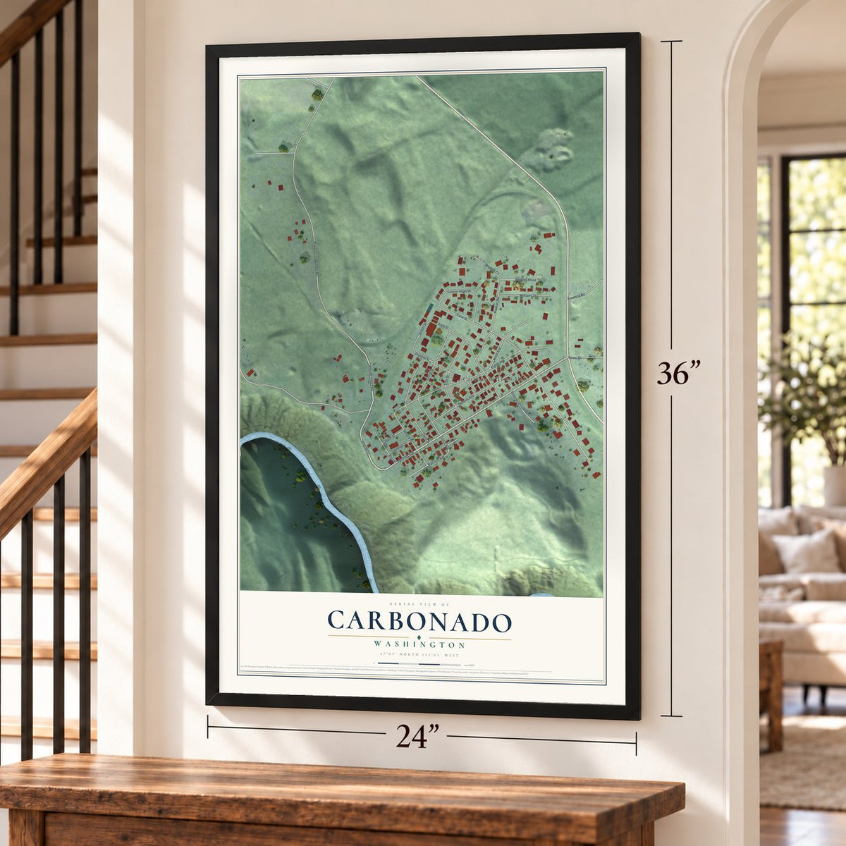 Carbonado, Washington map, 24 x 36 inch print in a black frame by a staircase