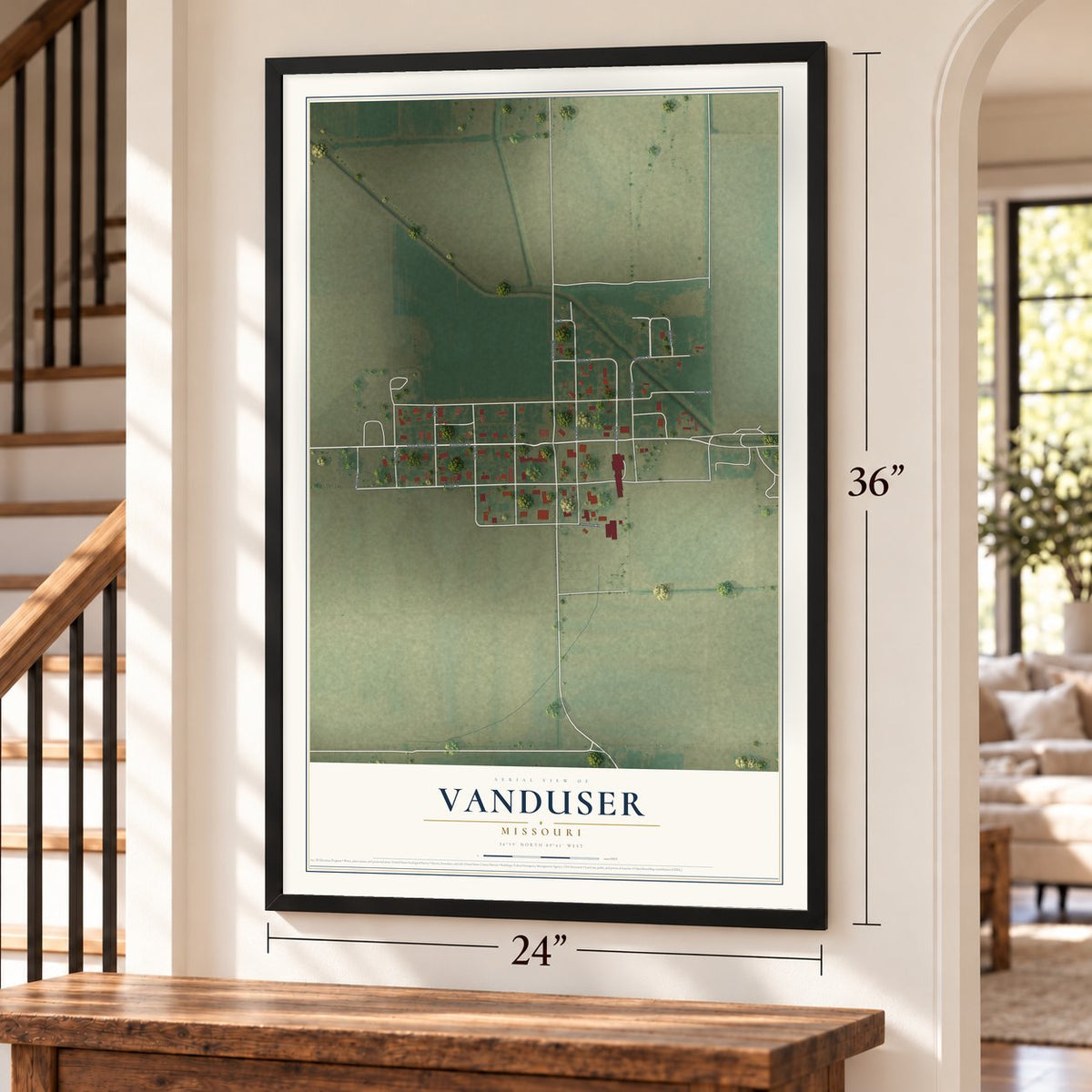 Vanduser, Missouri map, 24 x 36 inch print in a black frame by a staircase