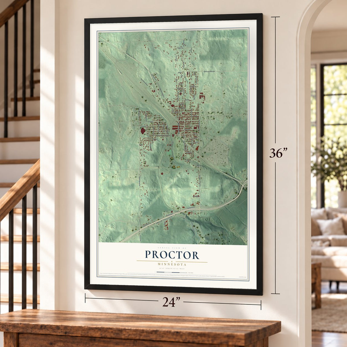 Proctor, Minnesota map, 24 x 36 inch print in a black frame by a staircase