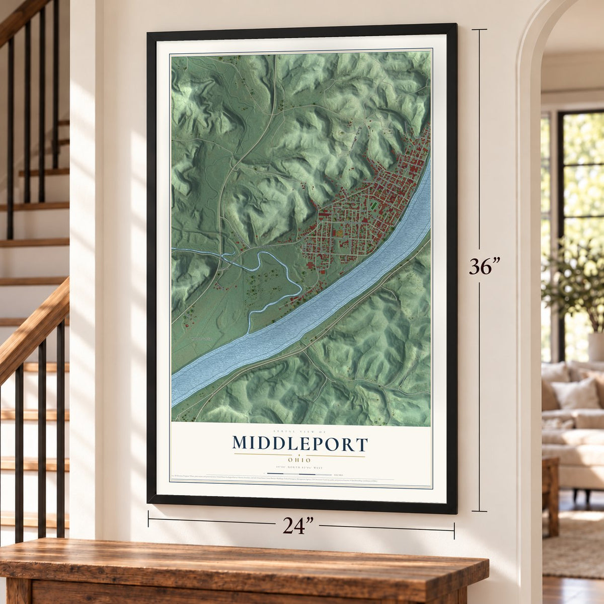 Middleport, Ohio map, 24 x 36 inch print in a black frame by a staircase