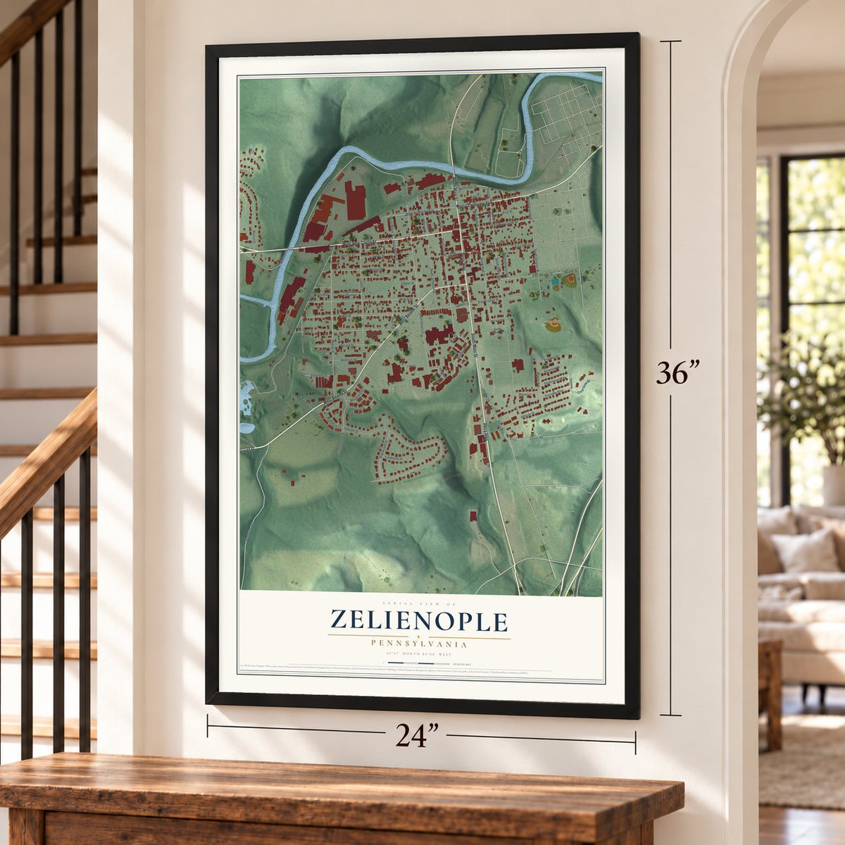Zelienople, Pennsylvania map, 24 x 36 inch print in a black frame by a staircase