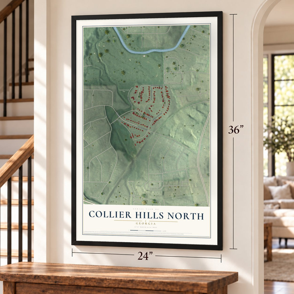 Collier Hills North, Georgia map, 24 x 36 inch print in a black frame by a staircase