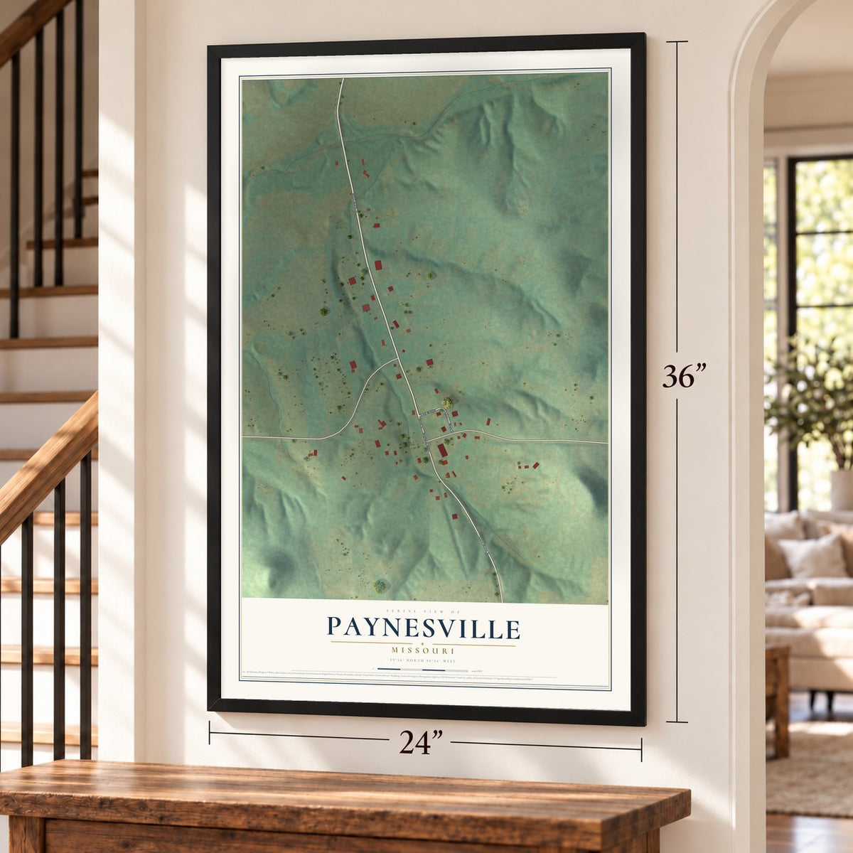 Paynesville, Missouri map, 24 x 36 inch print in a black frame by a staircase