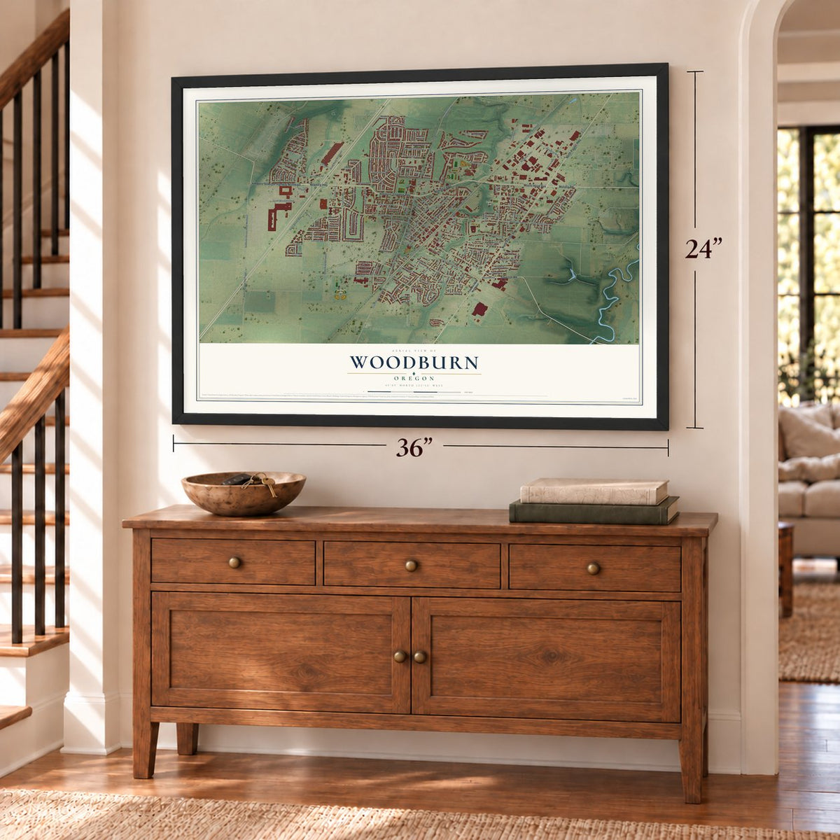 Woodburn, Oregon map, 24 x 36 inch print in a black frame above a dresser by a staircase