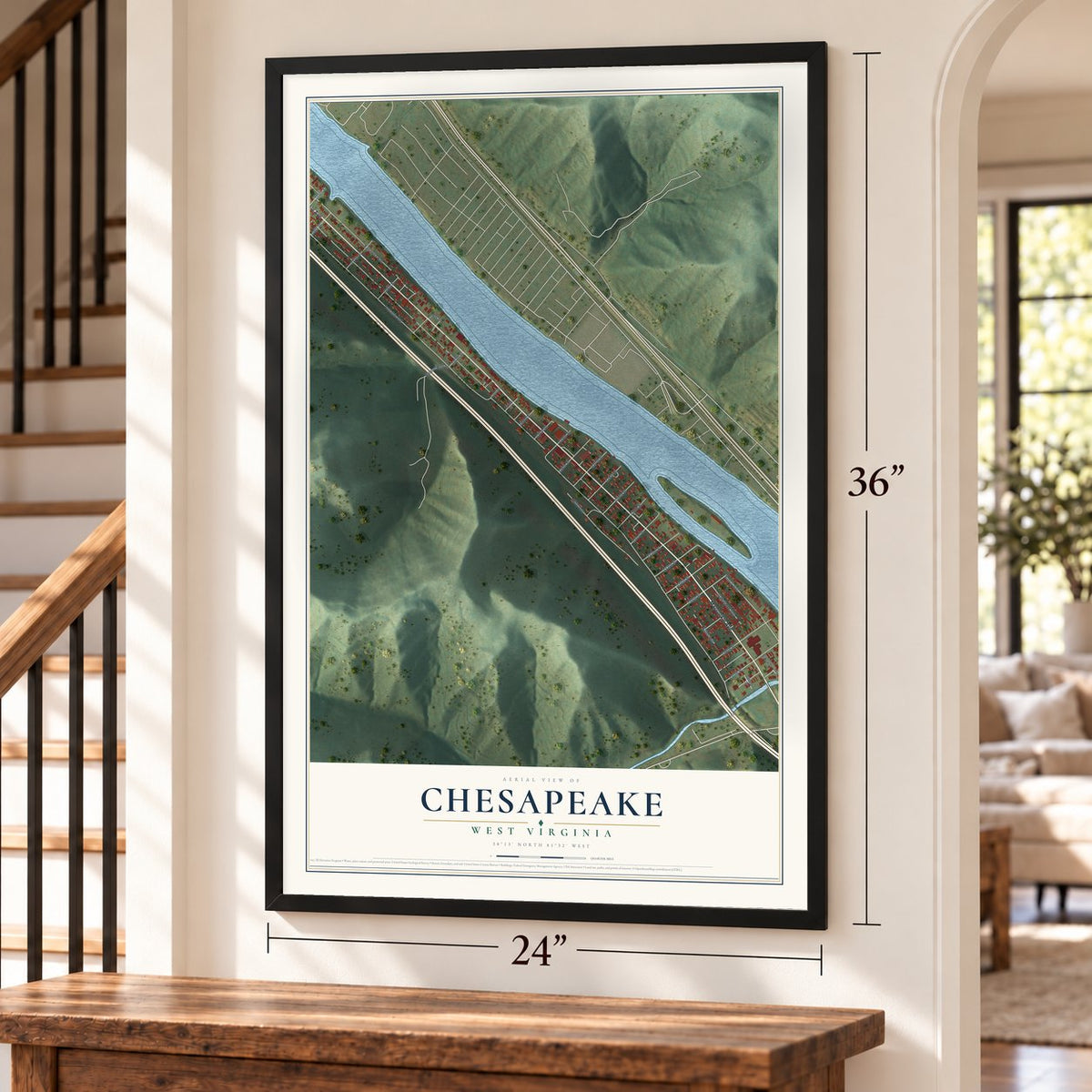 Chesapeake, West Virginia map, 24 x 36 inch print in a black frame by a staircase