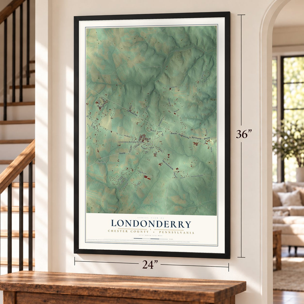 Londonderry, Chester County, Pennsylvania map, 24 x 36 inch print in a black frame by a staircase