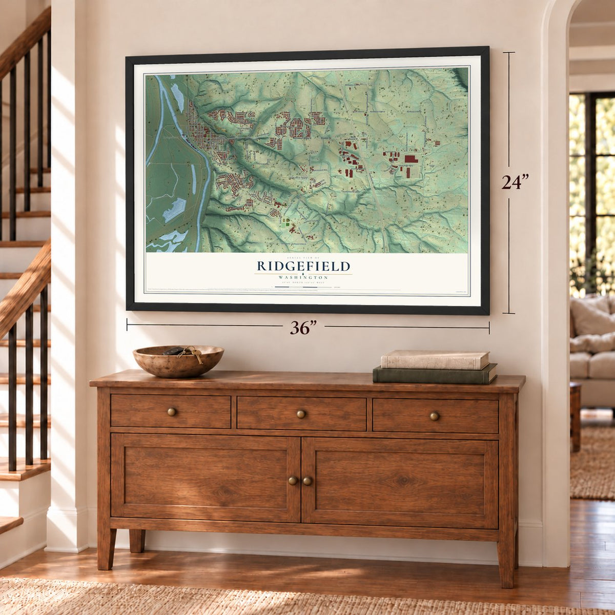 Ridgefield, Washington map, 24 x 36 inch print in a black frame above a dresser by a staircase