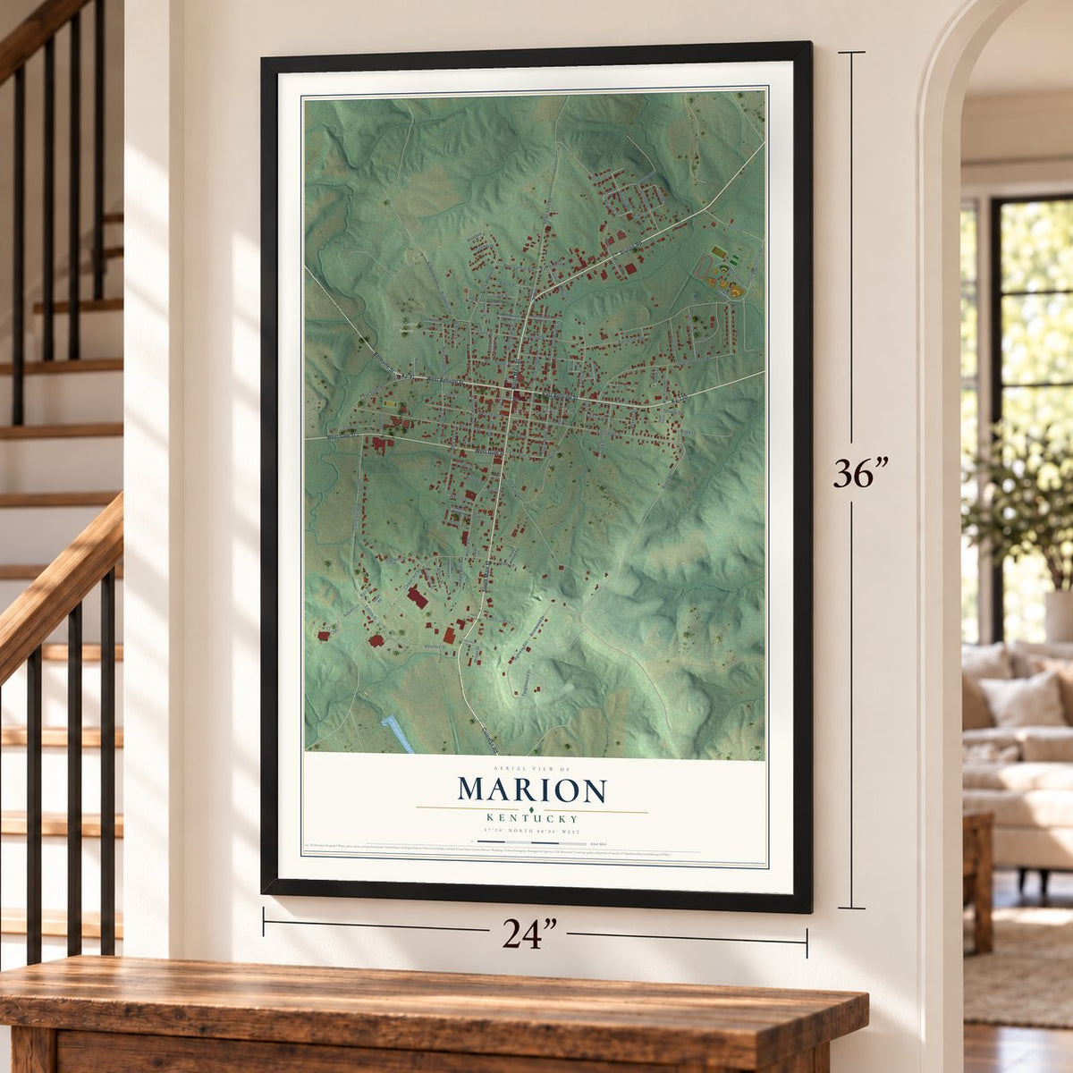 Marion, Kentucky map, 24 x 36 inch print in a black frame by a staircase