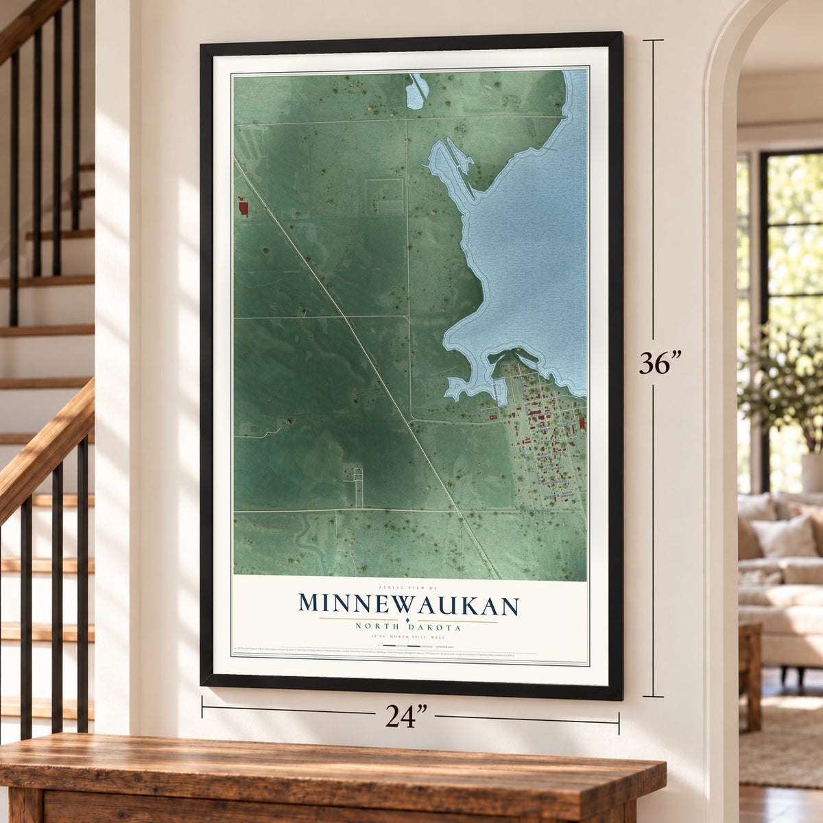 Minnewaukan, North Dakota map, 24 x 36 inch print in a black frame by a staircase