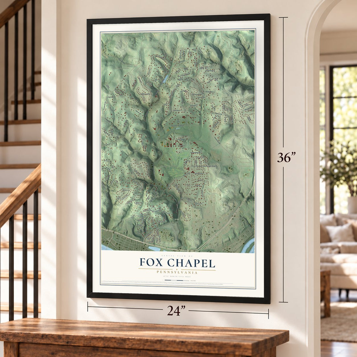 Fox Chapel, Pennsylvania map, 24 x 36 inch print in a black frame by a staircase