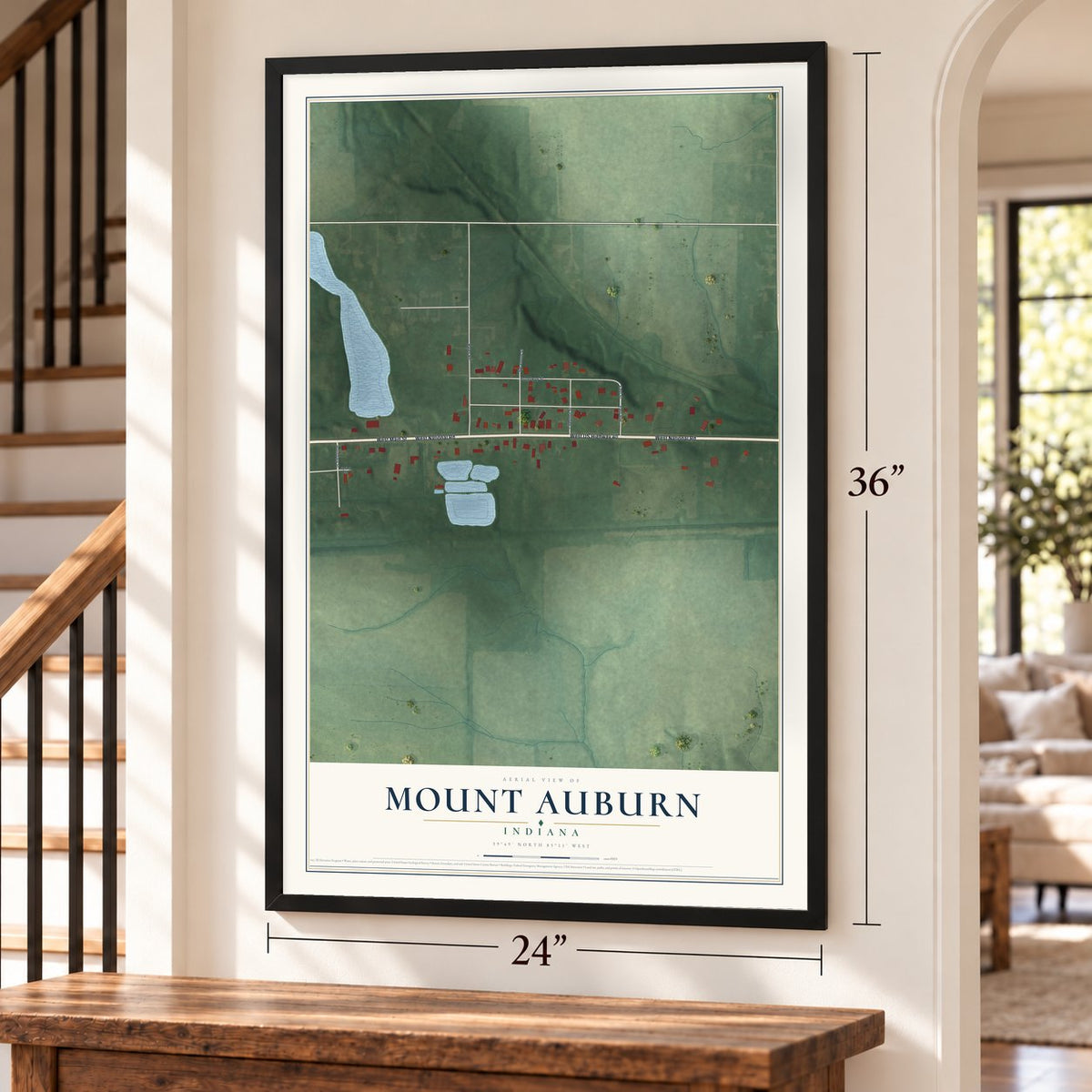 Mount Auburn, Indiana map, 24 x 36 inch print in a black frame by a staircase
