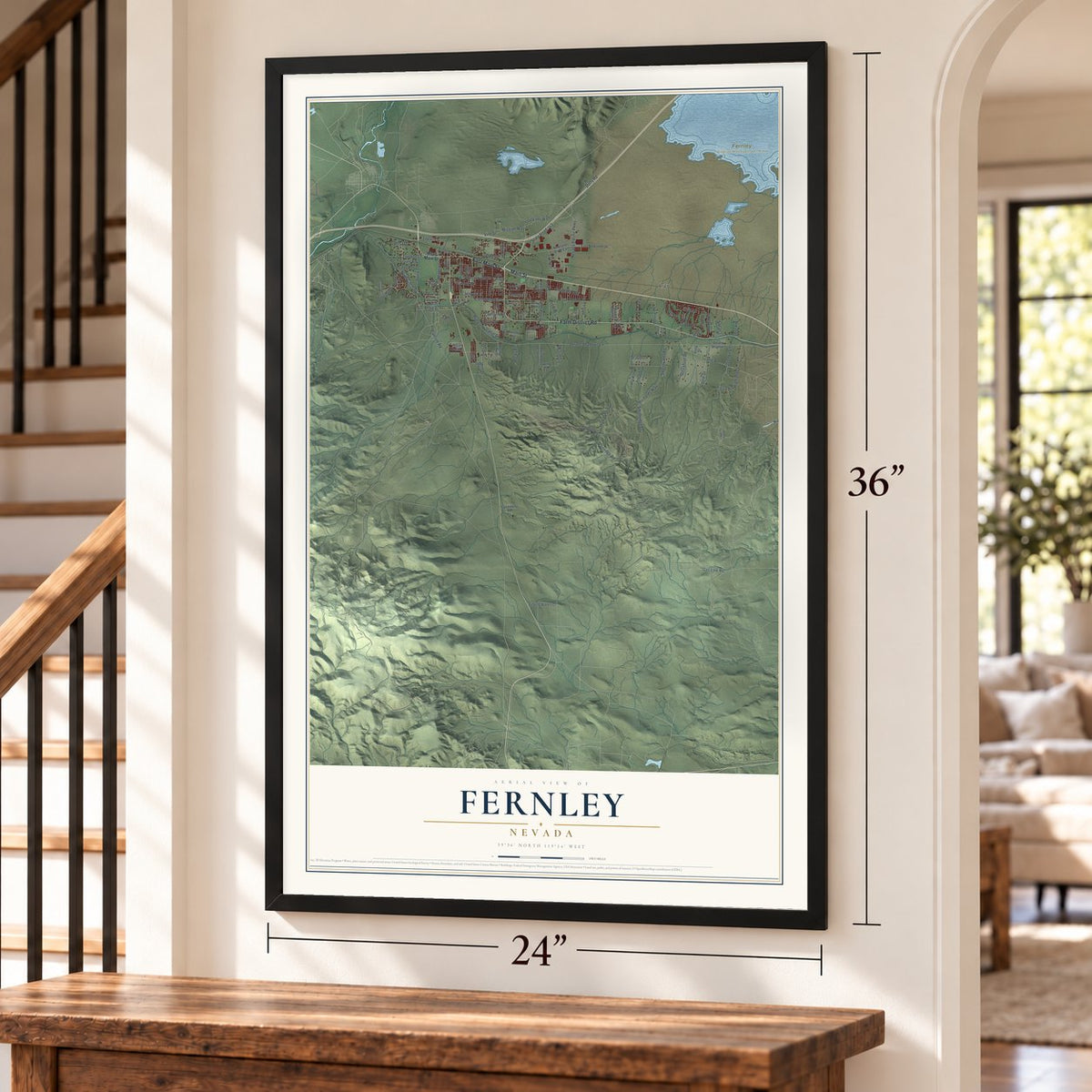 Fernley, Nevada map, 24 x 36 inch print in a black frame by a staircase