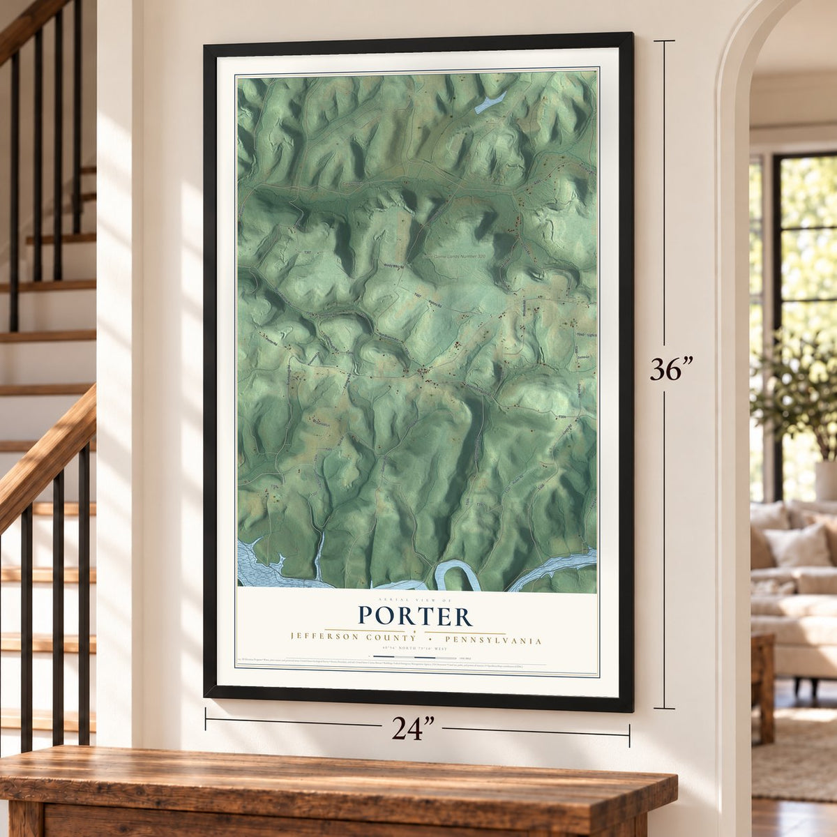 Porter, Jefferson County, Pennsylvania map, 24 x 36 inch print in a black frame by a staircase