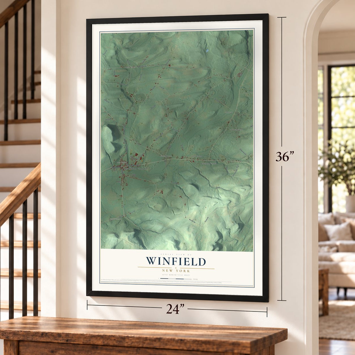 Winfield, New York map, 24 x 36 inch print in a black frame by a staircase
