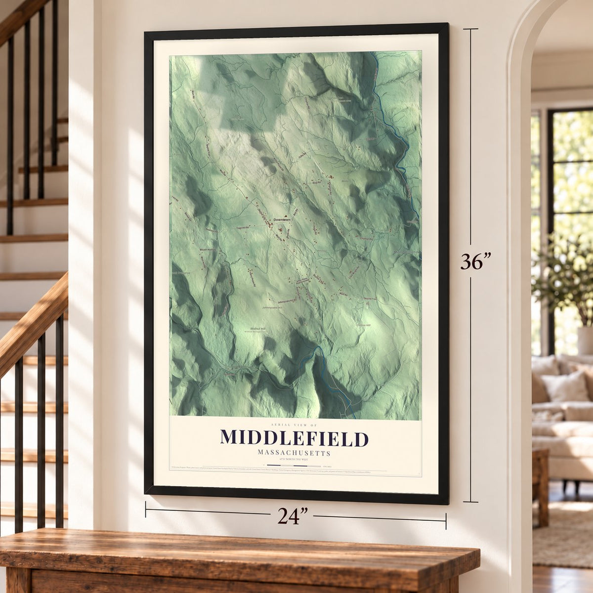 Middlefield, Massachusetts map, 24 x 36 inch print in a black frame by a staircase