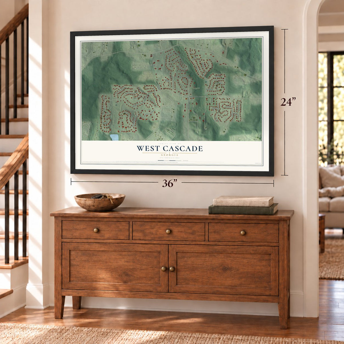 West Cascade, Georgia map, 24 x 36 inch print in a black frame above a dresser by a staircase