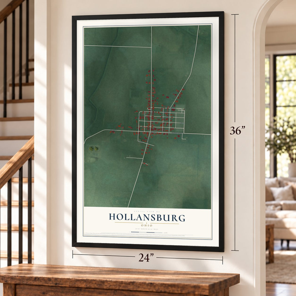 Hollansburg, Ohio map, 24 x 36 inch print in a black frame by a staircase