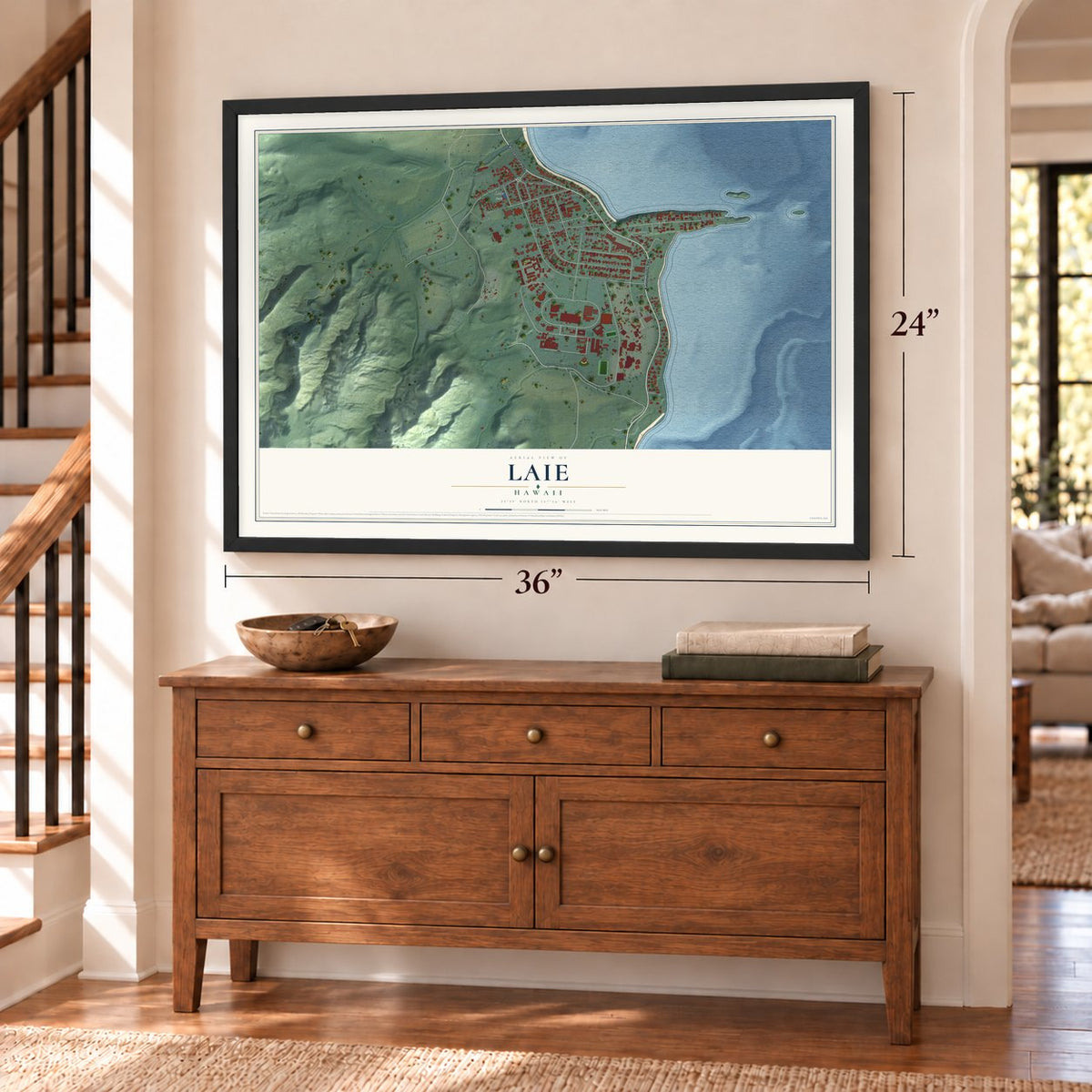 Laie, Hawaii map, 24 x 36 inch print in a black frame above a dresser by a staircase