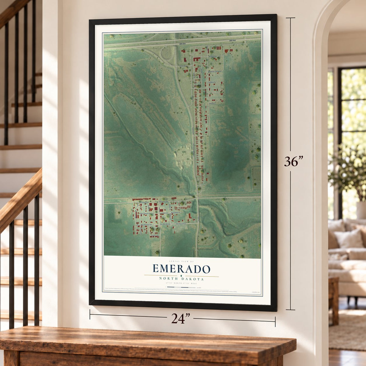 Emerado, North Dakota map, 24 x 36 inch print in a black frame by a staircase