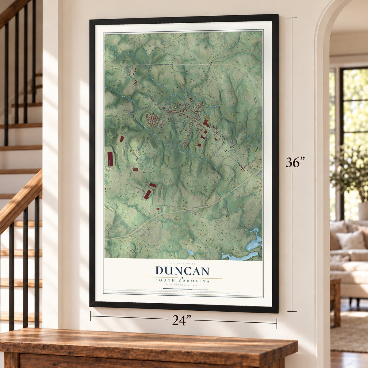 Duncan, South Carolina map, 24 x 36 inch print in a black frame by a staircase