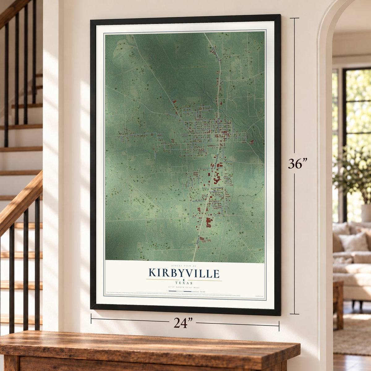 Kirbyville, Texas map, 24 x 36 inch print in a black frame by a staircase