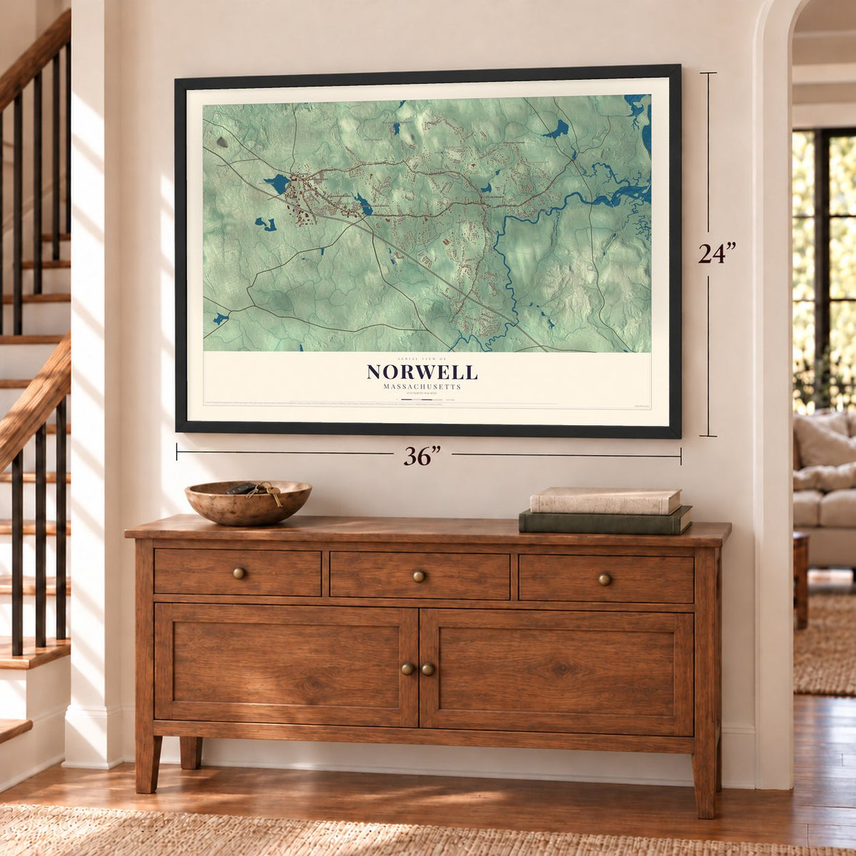 Norwell, Massachusetts map, 24 x 36 inch print in a black frame above a dresser by a staircase