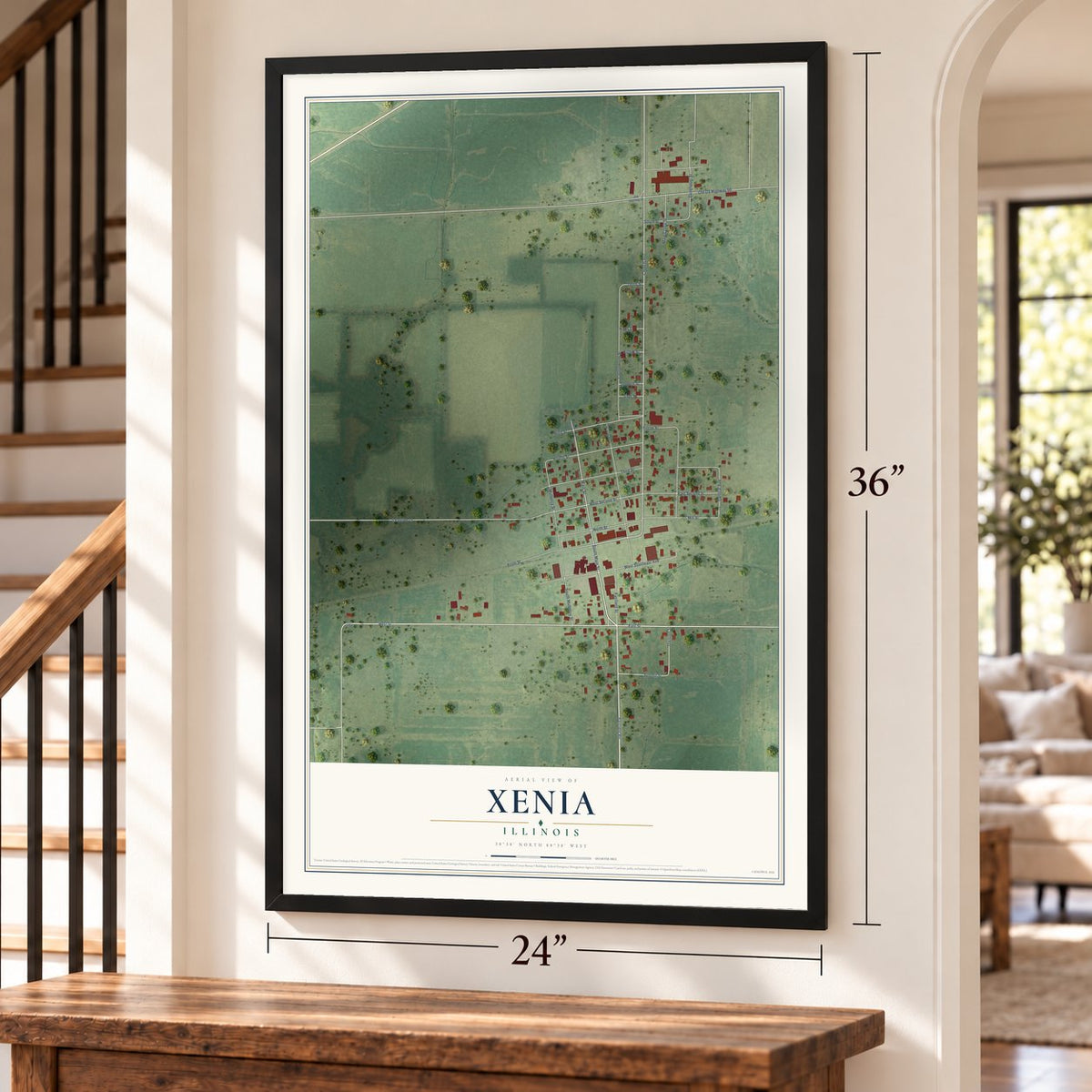 Xenia, Illinois map, 24 x 36 inch print in a black frame by a staircase