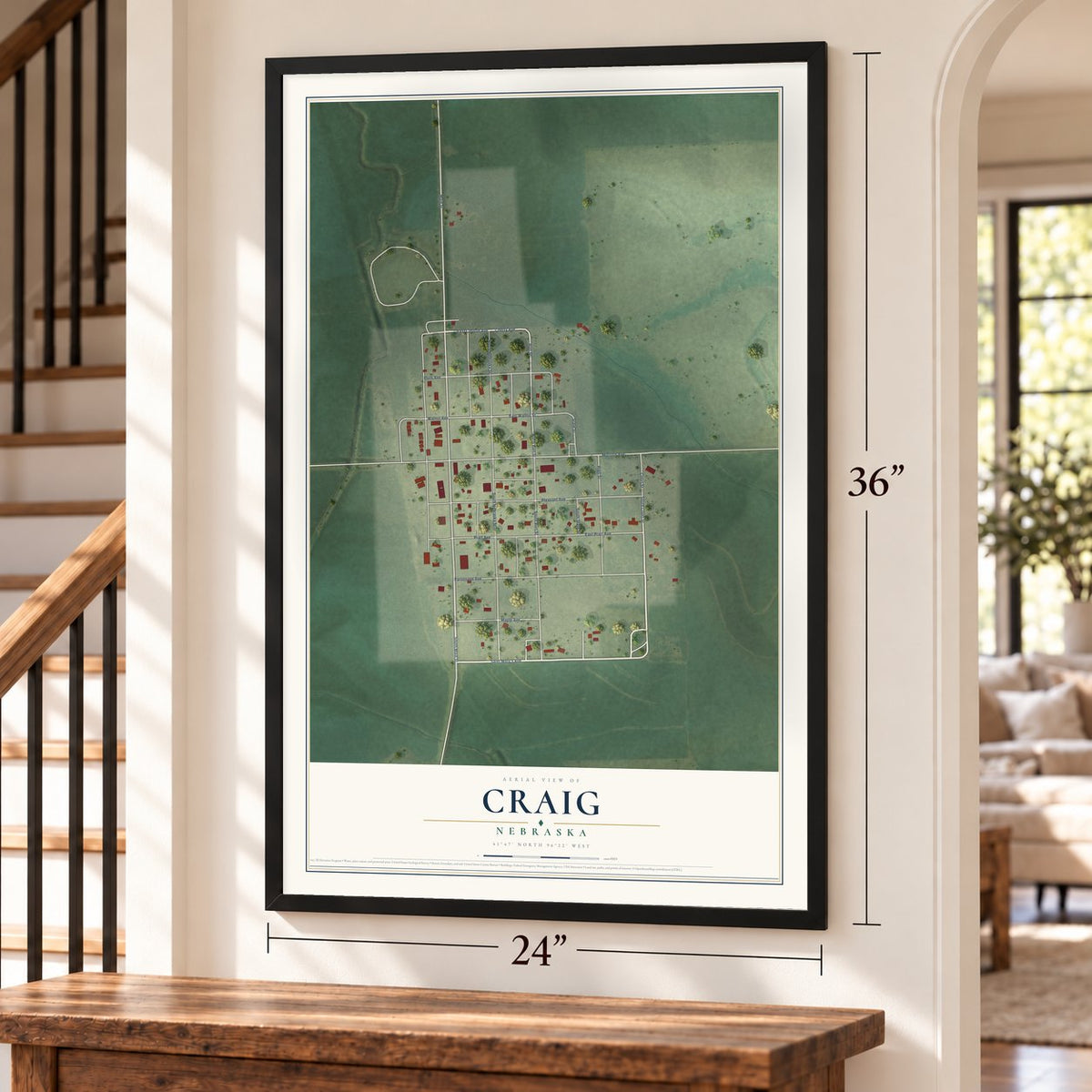 Craig, Nebraska map, 24 x 36 inch print in a black frame by a staircase