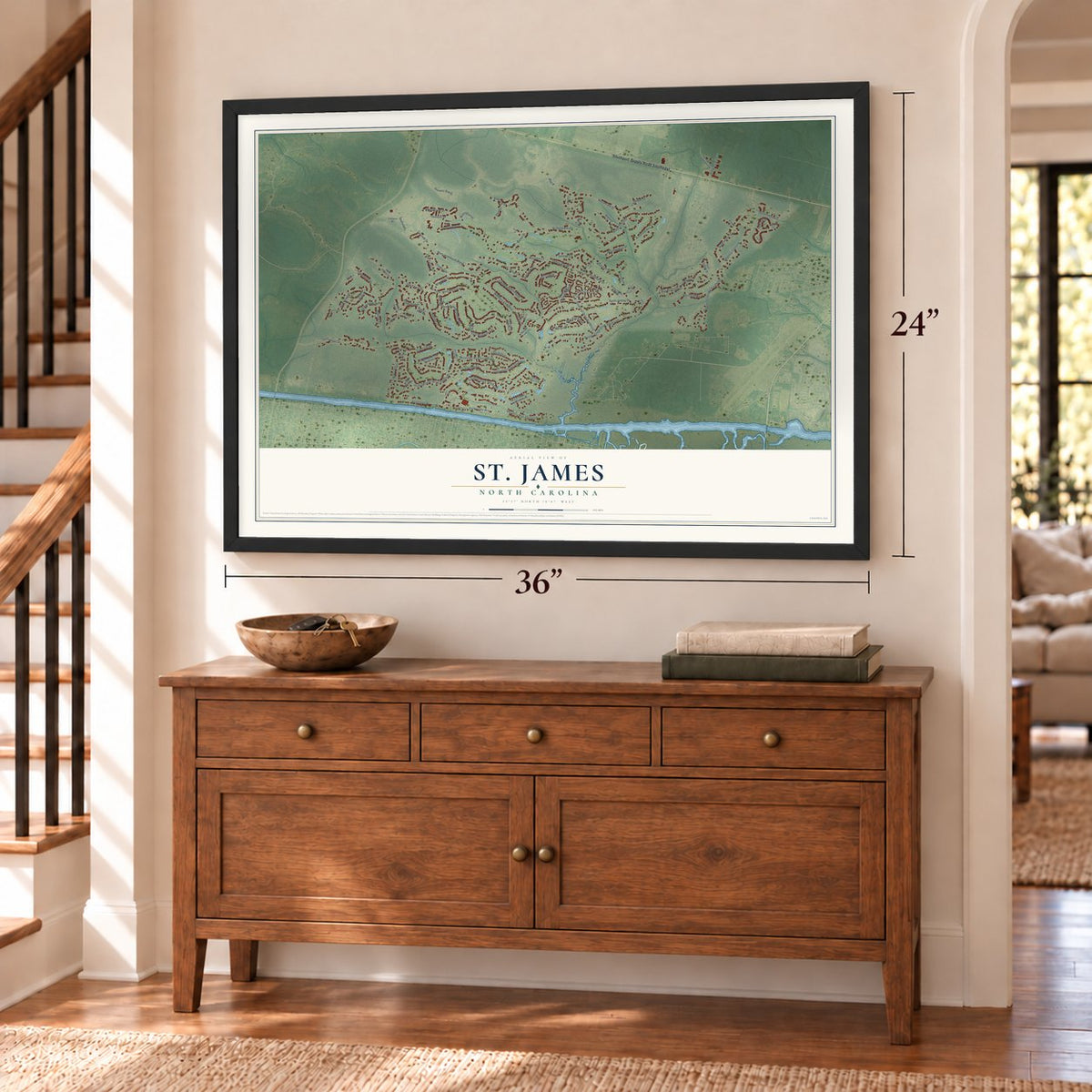 St. James, North Carolina map, 24 x 36 inch print in a black frame above a dresser by a staircase