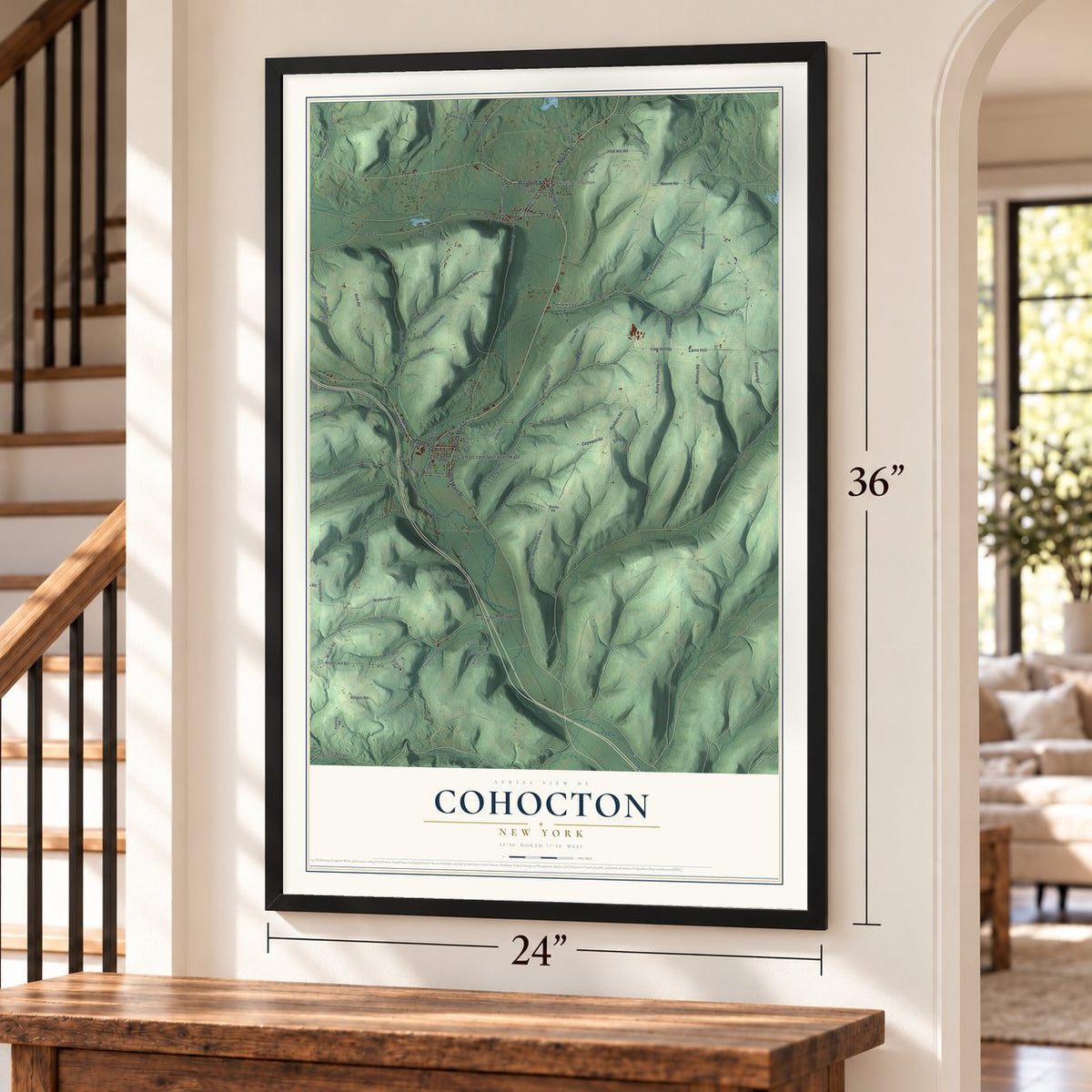 Cohocton, New York map, 24 x 36 inch print in a black frame by a staircase