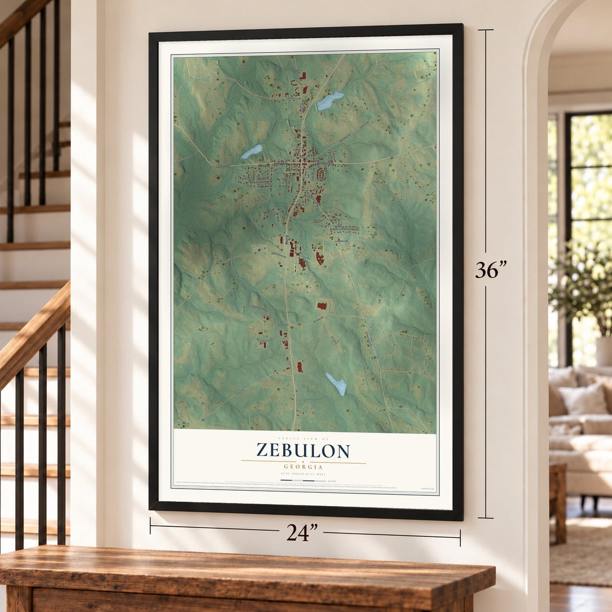 Zebulon, Georgia map, 24 x 36 inch print in a black frame by a staircase