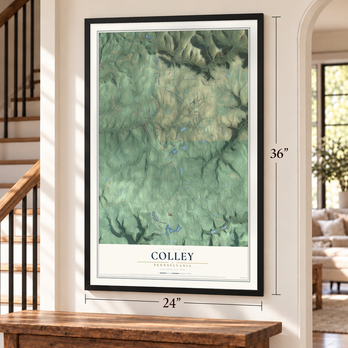 Colley, Pennsylvania map, 24 x 36 inch print in a black frame by a staircase
