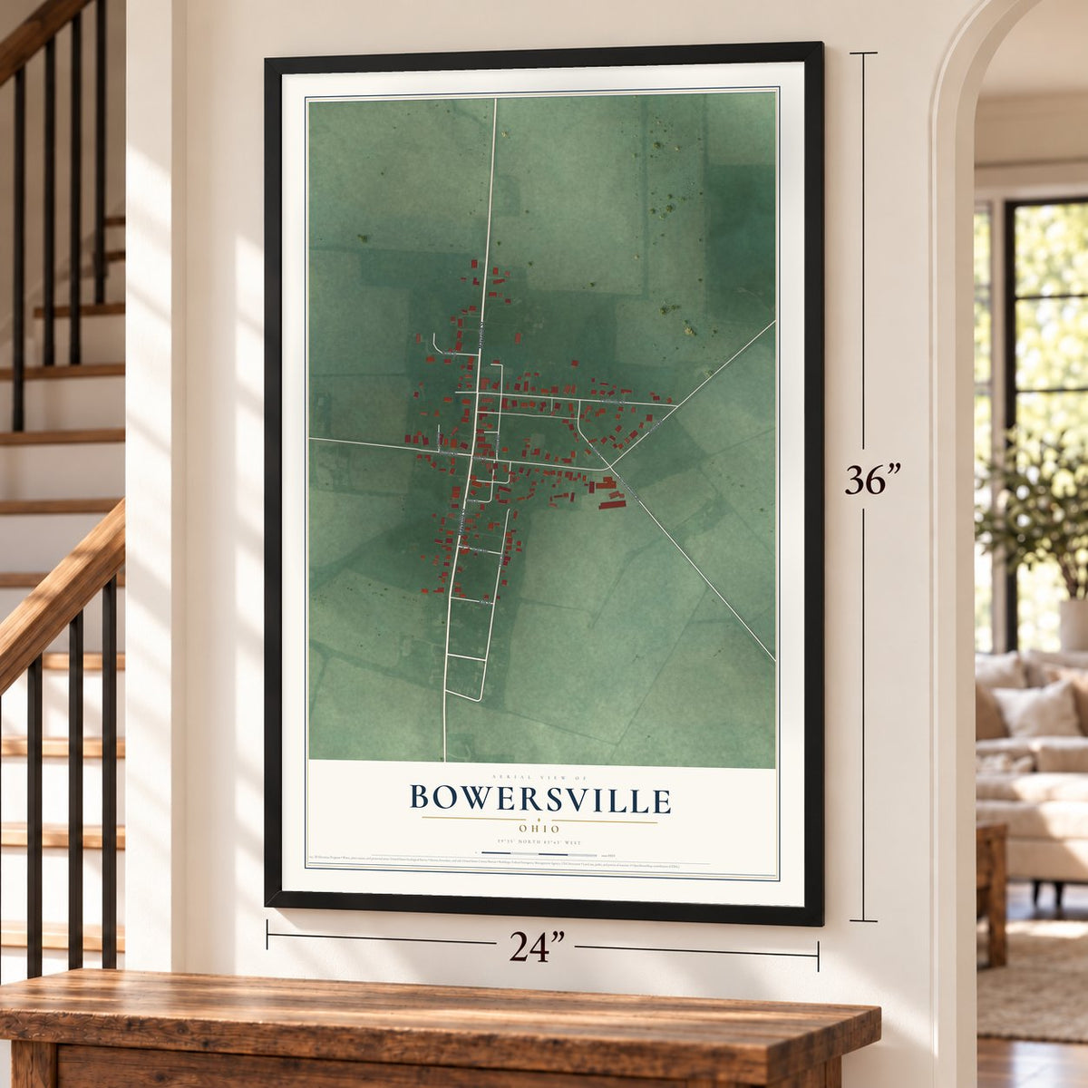 Bowersville, Ohio map, 24 x 36 inch print in a black frame by a staircase