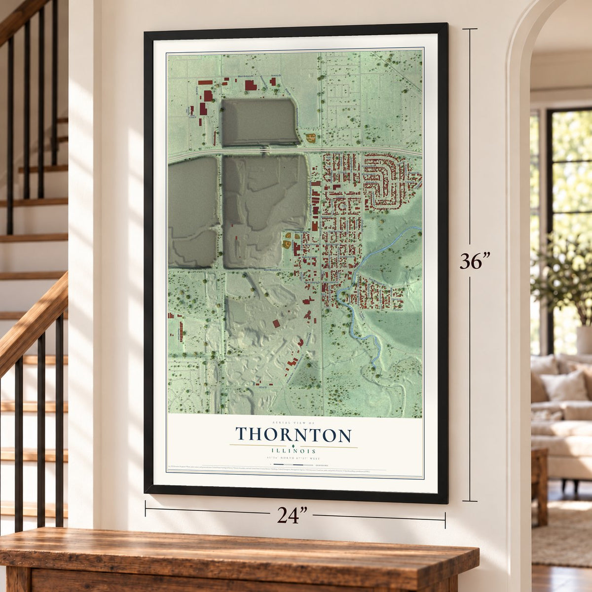 Thornton, Illinois map, 24 x 36 inch print in a black frame by a staircase