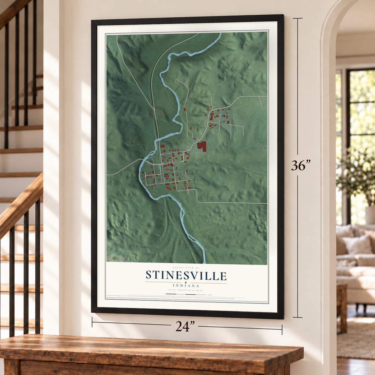 Stinesville, Indiana map, 24 x 36 inch print in a black frame by a staircase