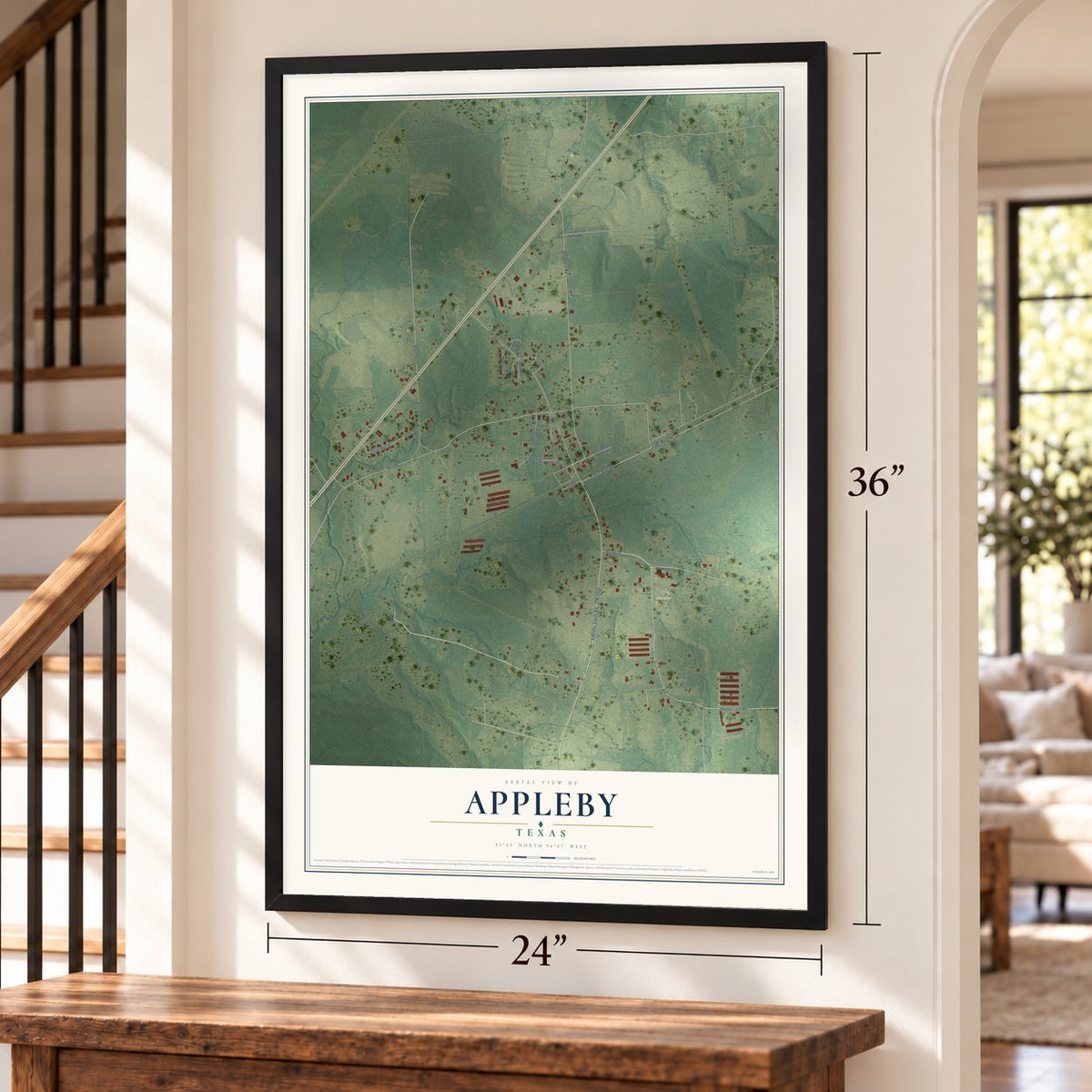 Appleby, Texas map, 24 x 36 inch print in a black frame by a staircase