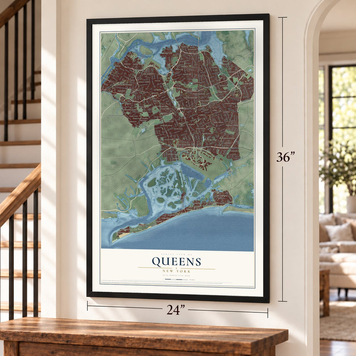 Queens, New York map, 24 x 36 inch print in a black frame by a staircase